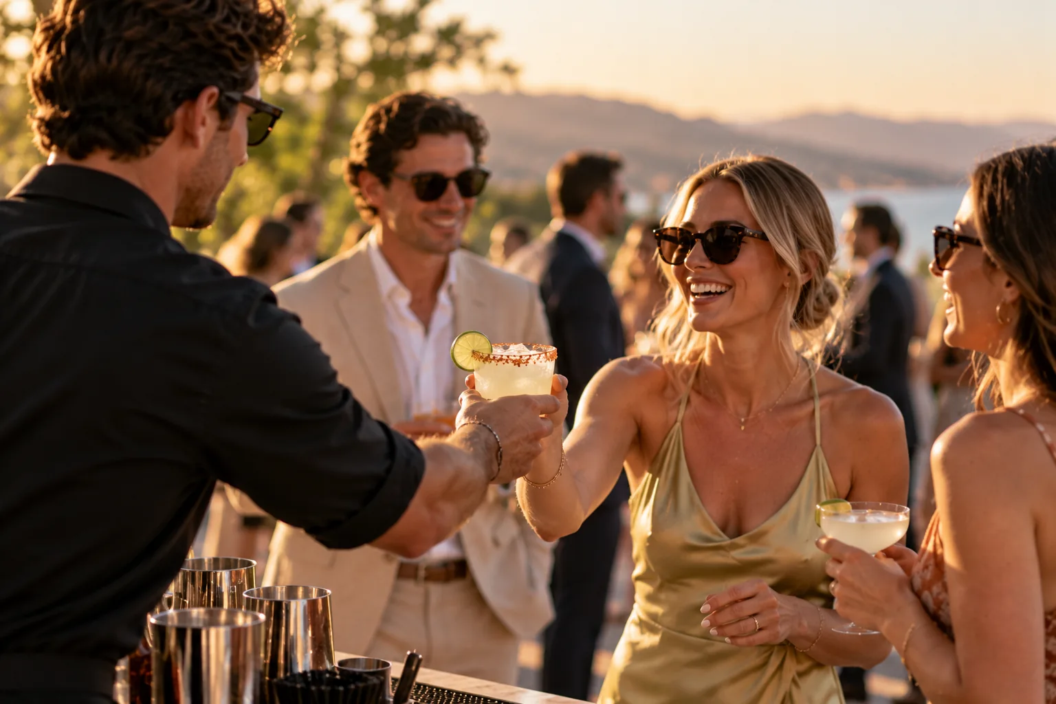 Wedding guests enjoying cocktails served by a bartender