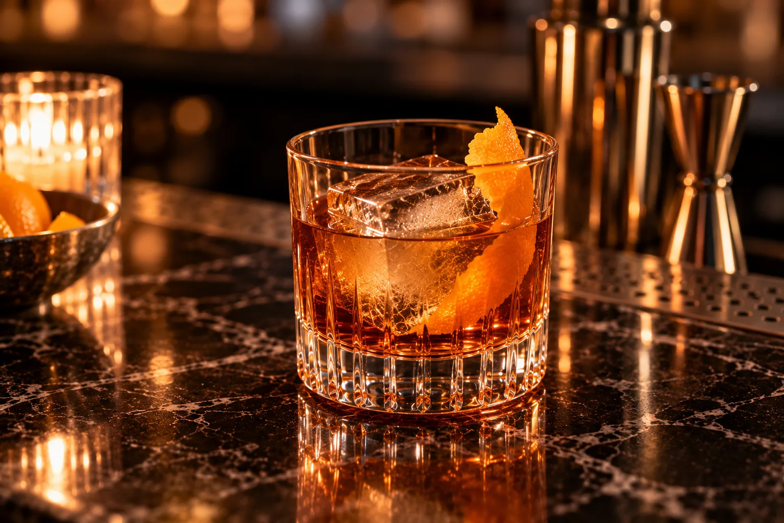 Editorial photograph of a crafted Old Fashioned cocktail