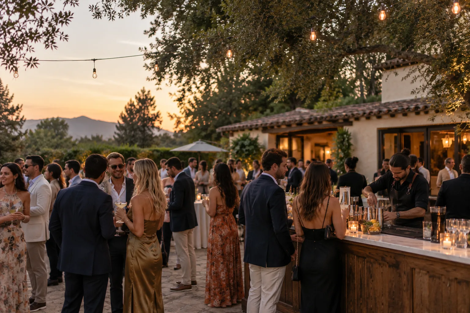 Wedding cocktail hour atmosphere in Montecito